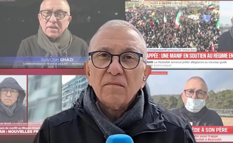 Montage montrant le journaliste Siavosh Ghazi en direct depuis Téhéran sur plusieurs chaînes d’information francophones.