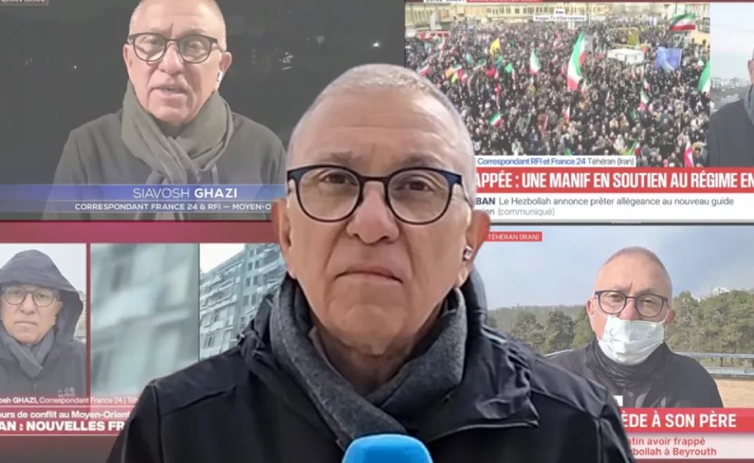 Montage montrant le journaliste Siavosh Ghazi en direct depuis Téhéran sur plusieurs chaînes d’information francophones.