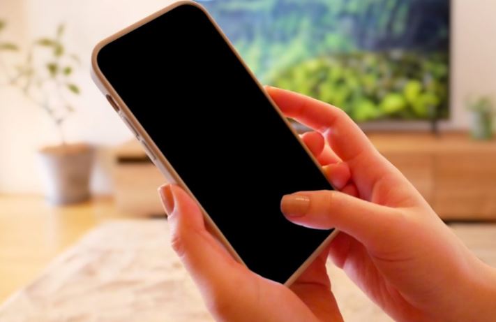 Personne tenant un smartphone et regardant son écran dans un salon