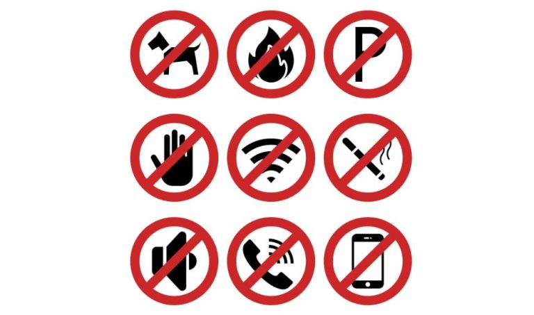 Pictogrammes d’interdiction indiquant différentes actions interdites