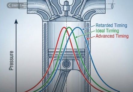schéma du cliquetis moteur montrant l’avance et le retard à l’allumage dans un cylindre