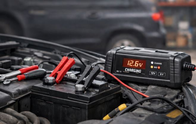 batterie voiture 12V en charge avec chargeur affichage tension entretien batterie