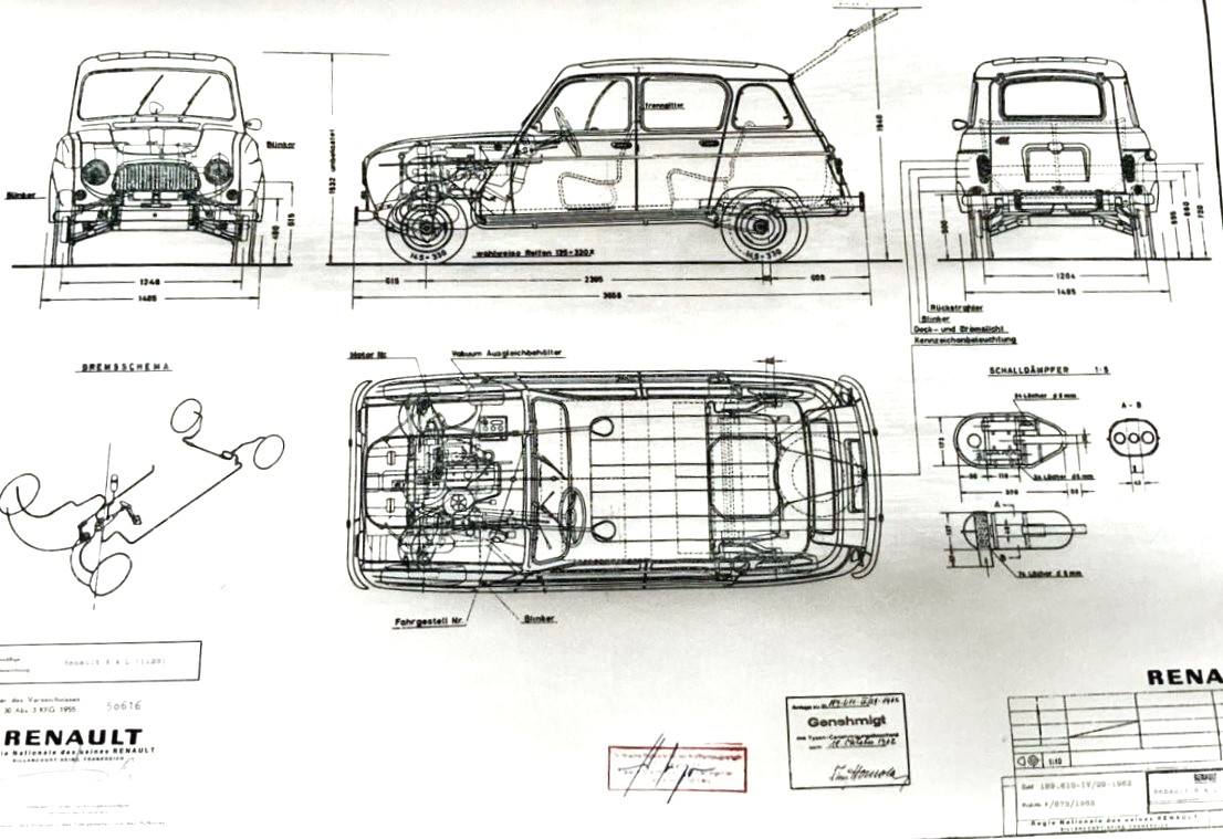 Plan technique d’époque de la Renault 4L montrant vues avant, profil, arrière et vue de dessus