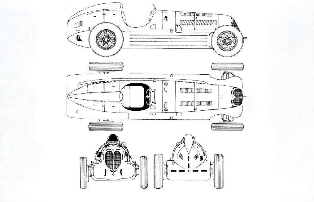 Schéma technique de l’Alfa Romeo 16C Bimotore avec vues profil, dessus et face.