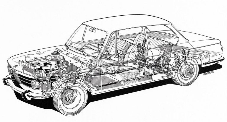 Schéma en coupe de la BMW 2002 Tii montrant le moteur et la structure du châssis.