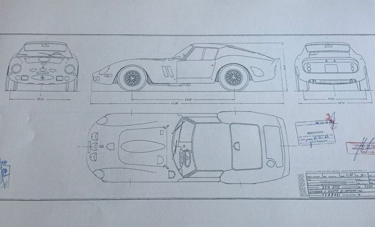 Plan technique de la Ferrari 275 GTB avec vues avant, profil, arrière et dessus.