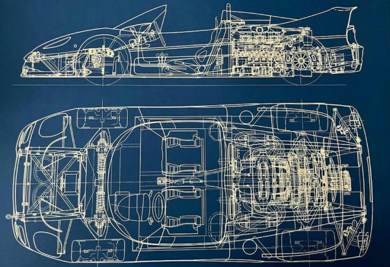 Schéma technique de la Ferrari F50 montrant le V12 central et le châssis en vue de profil et de dessus.