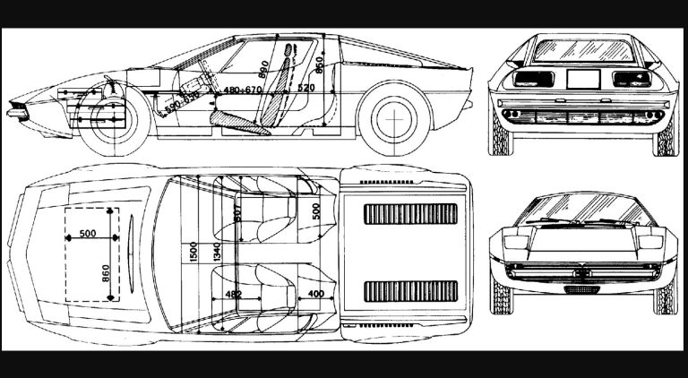 Plan technique de la Maserati Merak avec vues profil, dessus, avant et arrière.