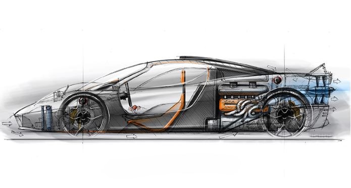 Dessin technique de la McLaren F1 montrant l’architecture centrale du V12 et l’habitacle trois places.