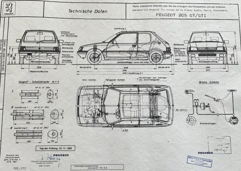 Plan technique Peugeot 205 GTI avec vues, dimensions et schémas mécaniques.