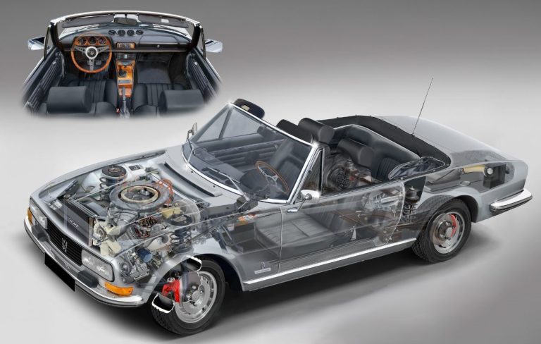 Peugeot 504 Cabriolet V6 en vue détaillée avec moteur, châssis et intérieur visibles.