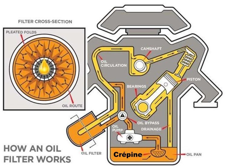 Schéma du circuit de lubrification montrant filtre à huile et crépine dans le carter