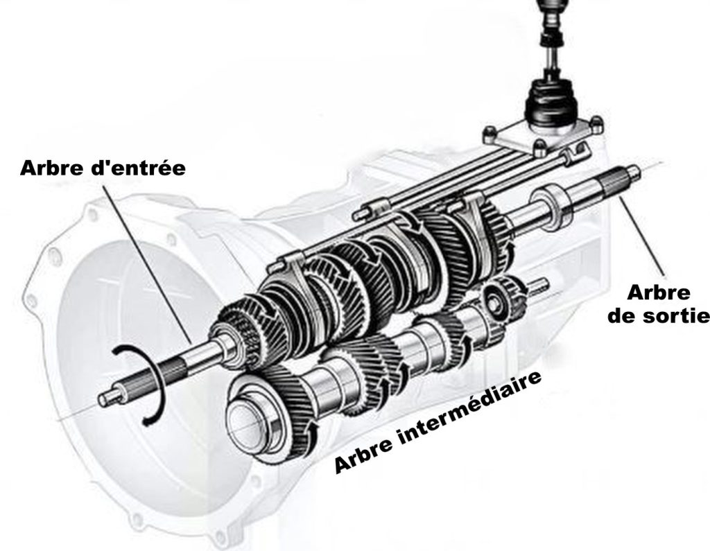 Schéma d’une boîte de vitesses montrant l’arbre d’entrée, l’arbre intermédiaire et l’arbre de sortie avec leurs engrenages