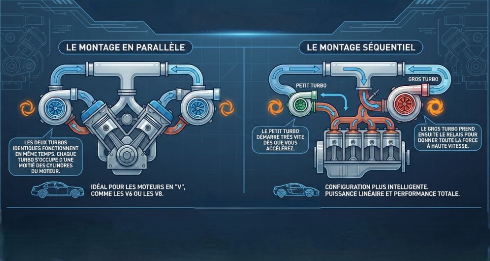 schéma bi turbo montrant montage parallèle et bi turbo séquentiel avec petit turbo et gros turbo