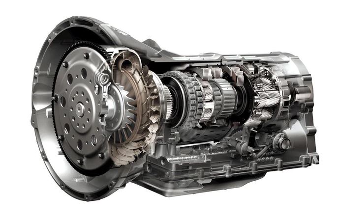 boîte automatique automobile en coupe avec convertisseur de couple et trains épicycloïdaux