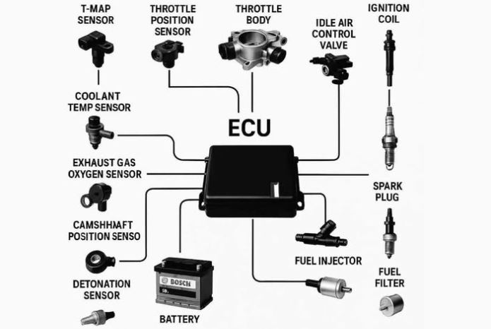 Schéma du calculateur moteur ECU connecté aux capteurs et aux éléments du moteur comme injecteurs, bobines et capteurs de position.