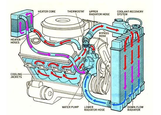 schéma du circuit de refroidissement d’un moteur montrant radiateur pompe à eau thermostat et circulation du liquide