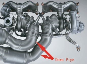 deux turbocompresseurs et deuxdownpipe, les conduits d’échappement qui évacuent les gaz à la sortie des turbines.