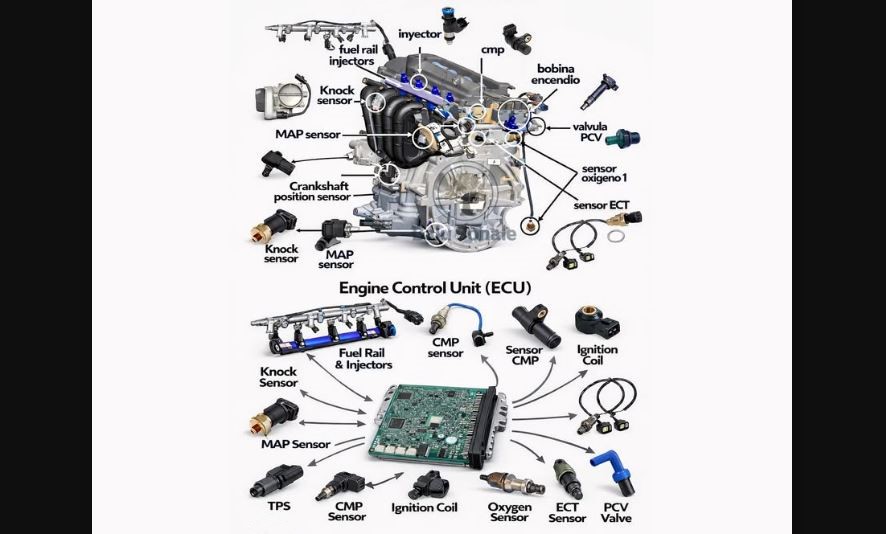 Schéma du calculateur moteur ECU relié aux capteurs et aux injecteurs qui pilotent le fonctionnement du moteur.