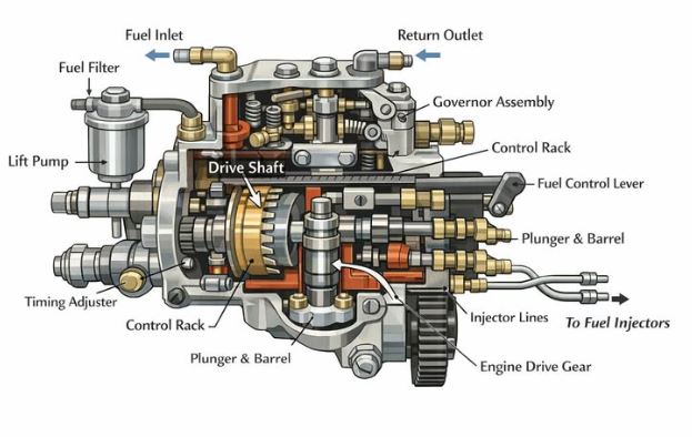 pompe haute pression diesel montrant le mécanisme interne et l’alimentation des injecteurs