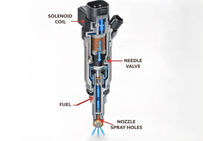 injecteur de carburant montrant le mécanisme interne et la pulvérisation du carburant