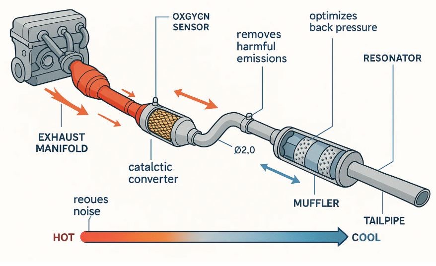 schéma d’une ligne d’échappement automobile montrant collecteur, catalyseur, silencieux et sortie des gaz