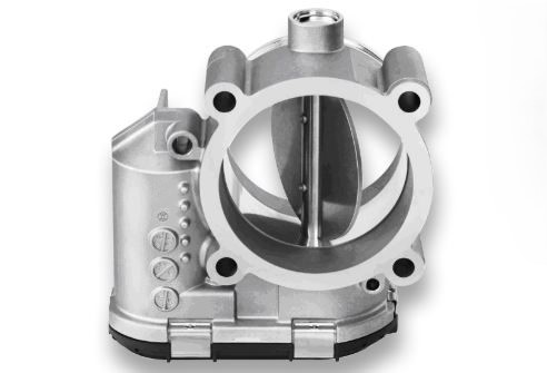 Papillon de gaz électronique ouvert montrant le volet circulaire dans le conduit d’admission d’air du moteur