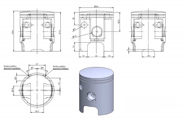 schéma technique d’un piston de moteur avec axe et gorges de segments