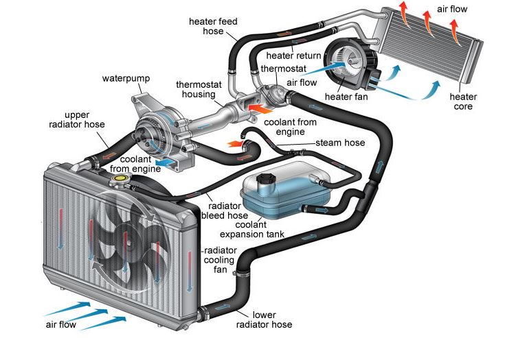 schéma du radiateur et de la circulation du liquide de refroidissement dans un moteur
