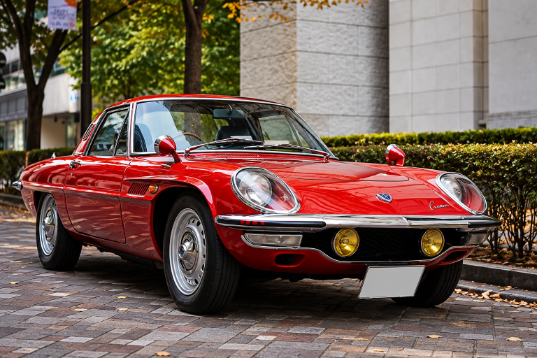 Mazda Cosmo Sport 110S rouge photographiée de trois quarts avant, avec ses phares ovales, ses rétroviseurs sur les ailes et ses antibrouillards jaunes.