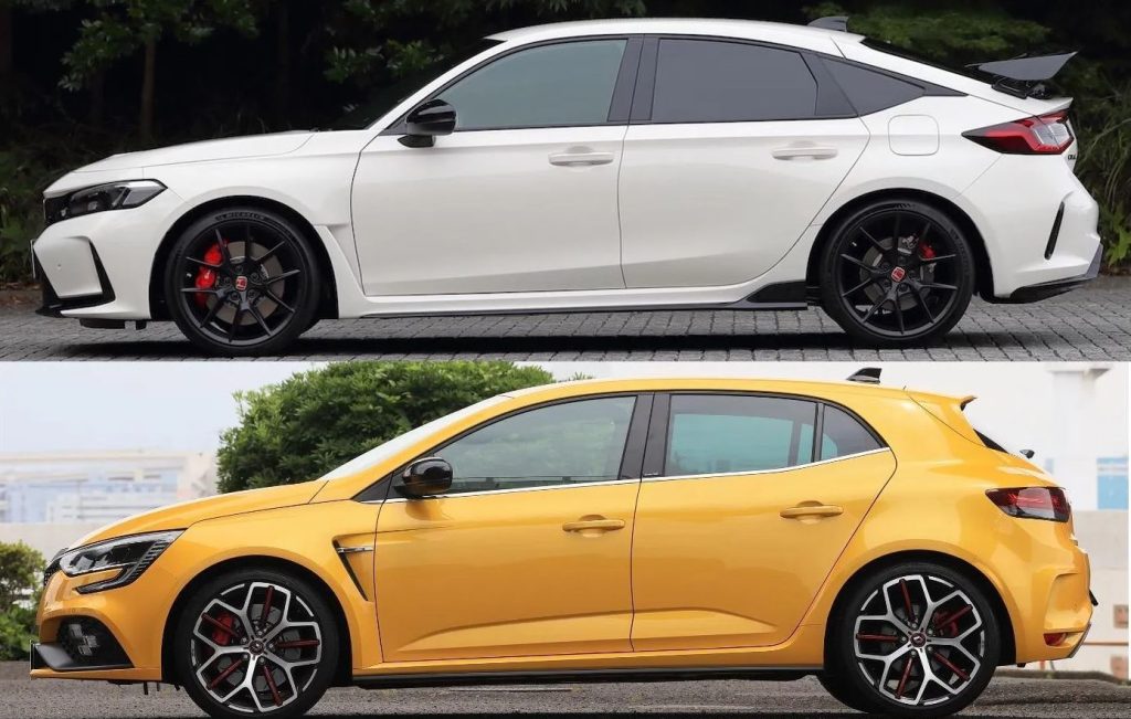 Mégane 3 RS et Civic Type R FK2 vues de profil comparaison lignes compactes sportives