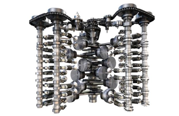 schéma 3D montrant l’architecture interne d’un moteur W12 avec ses 12 cylindres et ses arbres à cames