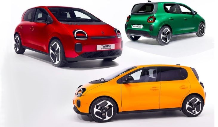 Renault Twingo E-Tech électrique présentée en plusieurs couleurs rouge vert et jaune