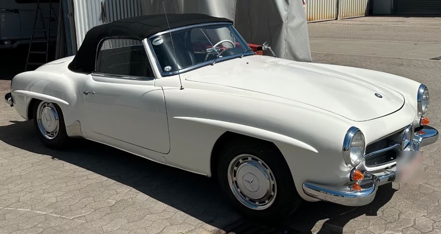 Mercedes 190 SL 1960 cabriolet blanc restauré vue trois quarts
