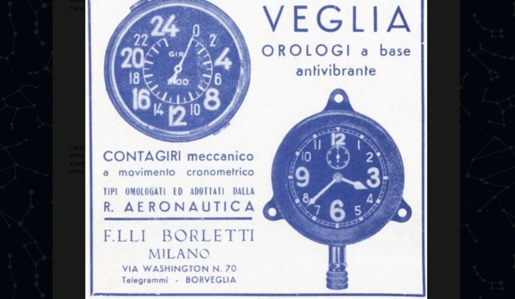 Affiche publicitaire Veglia Borletti présentant compteurs mécaniques pour automobile et aéronautique