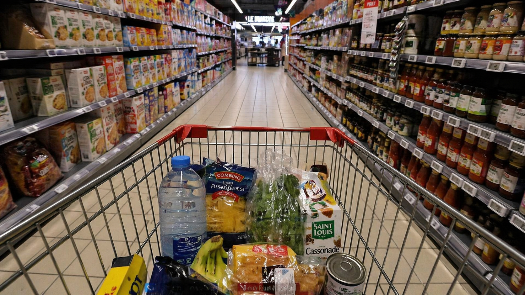 Vue depuis un chariot à moitié rempli dans une allée de supermarché