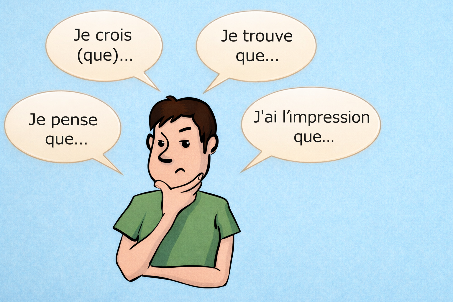 Illustration d’une personne réfléchissant entourée de bulles d’opinion