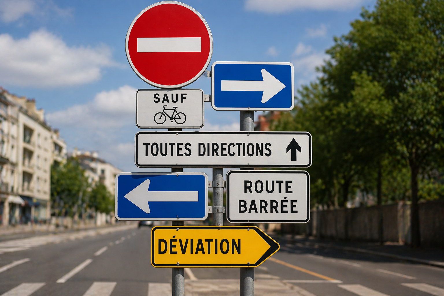 Panneaux de signalisation routière contradictoires avec directions opposées en ville
