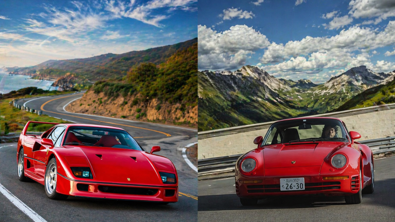 Ferrari F40 et Porsche 959 rouges face à face sur route de montagne comparatif