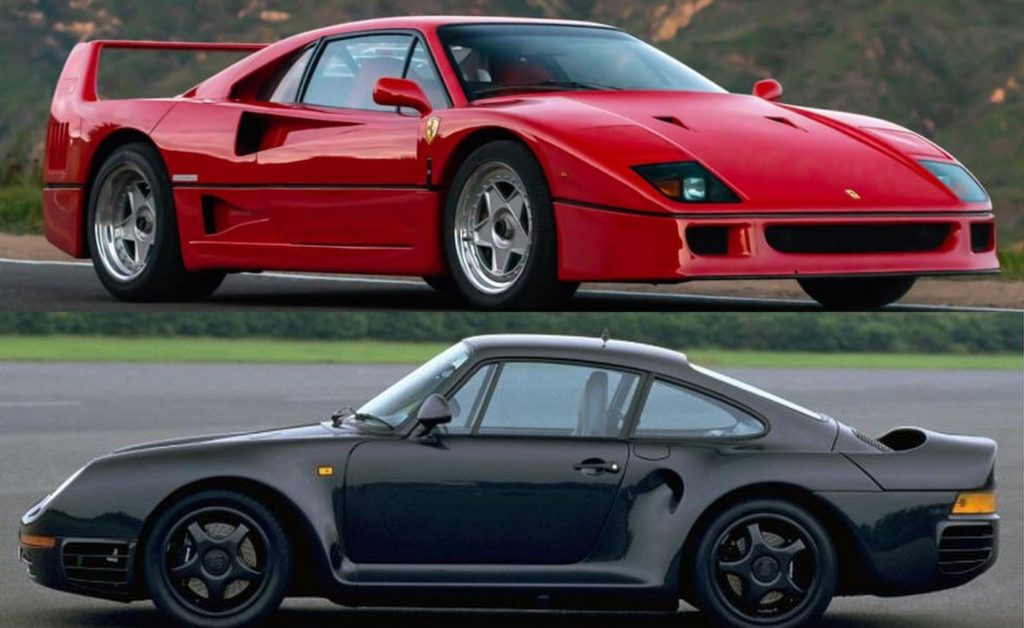 Ferrari F40 rouge et Porsche 959 noire vues de profil en comparaison statique