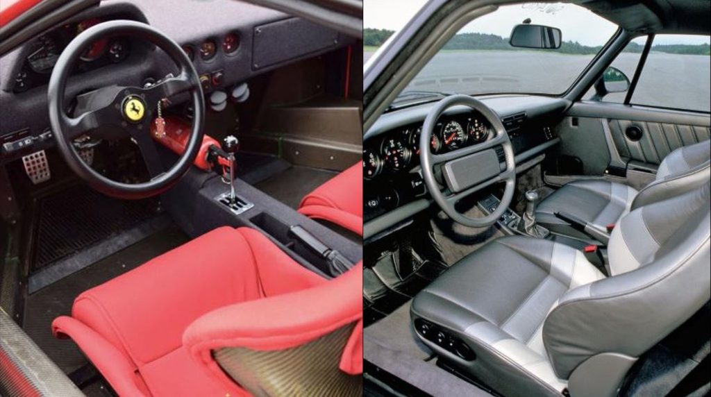 Habitacles comparés de Ferrari F40 et Porsche 959 avec ambiances opposées sport et luxe