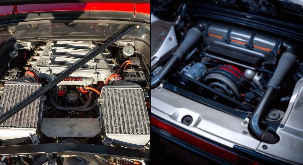 Compartiments moteurs de Ferrari F40 biturbo et Porsche 959 flat-six biturbo comparés