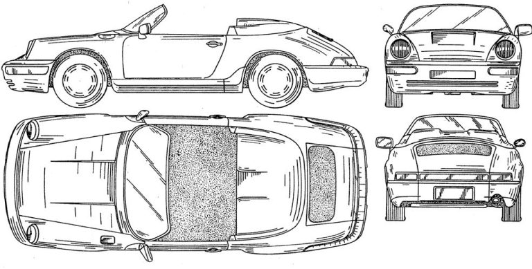 Plan technique Porsche 911 964 Speedster avec vues profil, dessus, avant et arrière.