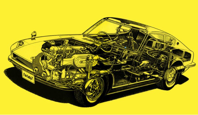 Schéma en coupe de la Datsun 240Z montrant le moteur 6 cylindres et la structure du châssis.