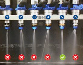 Test de pulvérisation injecteurs montrant des jets irrégulier sur injecteurs HS