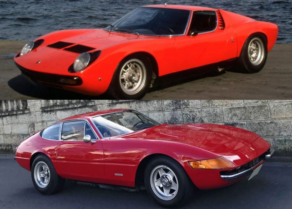 Lamborghini Miura rouge et Ferrari 365 GTB/4 Daytona rouge comparées de profil