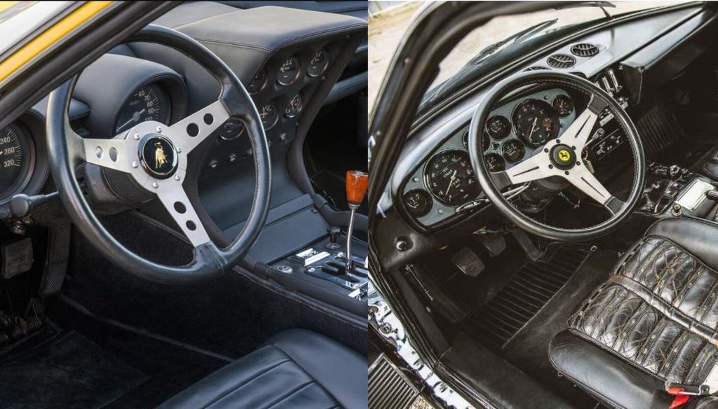 Comparatif des intérieurs Lamborghini Miura et Ferrari 365 GTB/4 Daytona