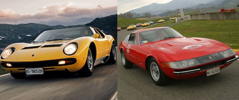 Lamborghini Miura et Ferrari 365 GTB/4 Daytona côte à côte sur route