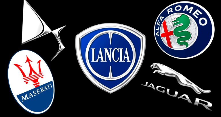 Logos de marques automobiles en danger comme Lancia, DS, Alfa Romeo, Jaguar et Maserati