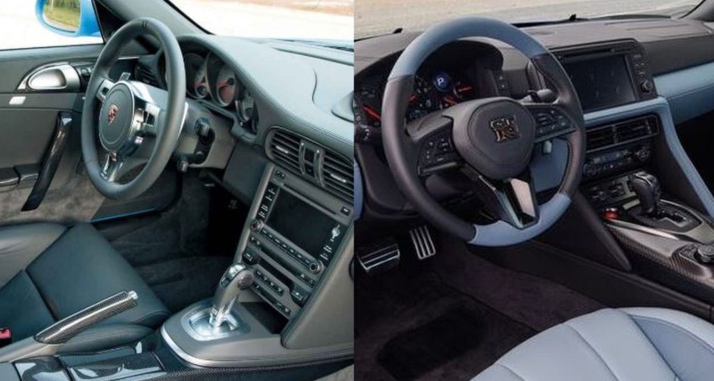 Intérieurs Porsche 911 Turbo 997 et Nissan GT-R R35 comparés, ambiance cockpit sportif